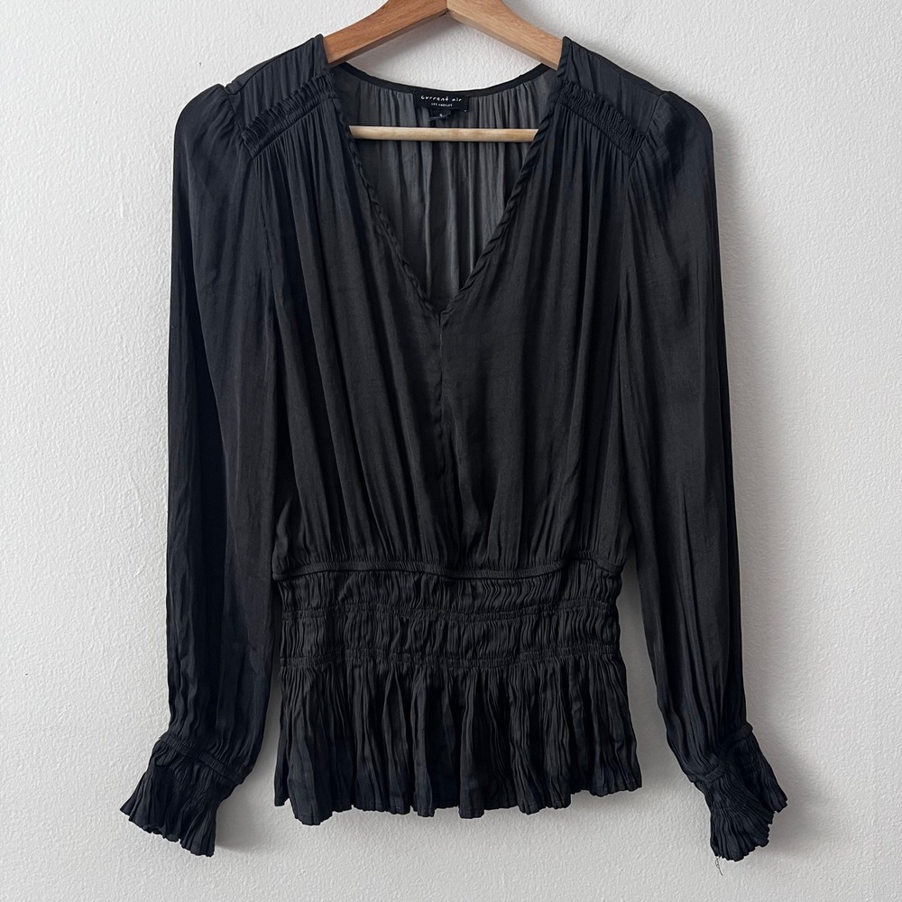 Current Air Pleat Bottom Blouse Anthropologie Gray Satin V-Neck‎ Top size small